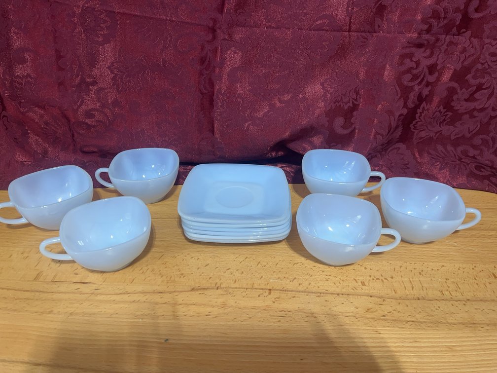 6 White Milk Glass Cups With Handles and 6 Matching Square Saucers