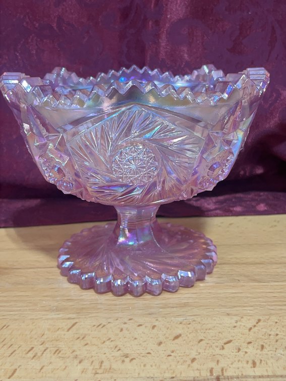 Iridescent Pink Pressed Glass Pedestal Bowl With Geometric Pattern