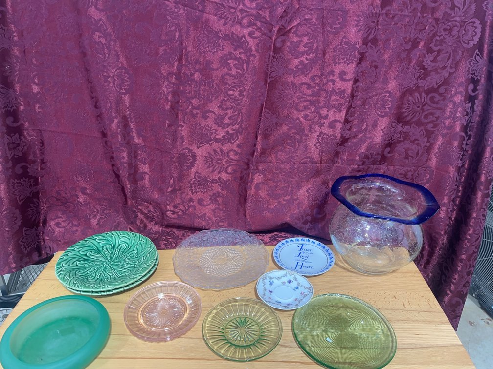 Decorative Glass Plates, Green Bowls, and Blue-Rimmed Vase Lot