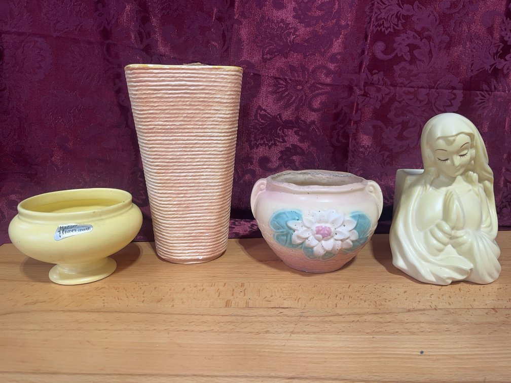 4 Art Pottery Items: Hull Madonna, Shawnee 879, Haeger, and Vintage Vase