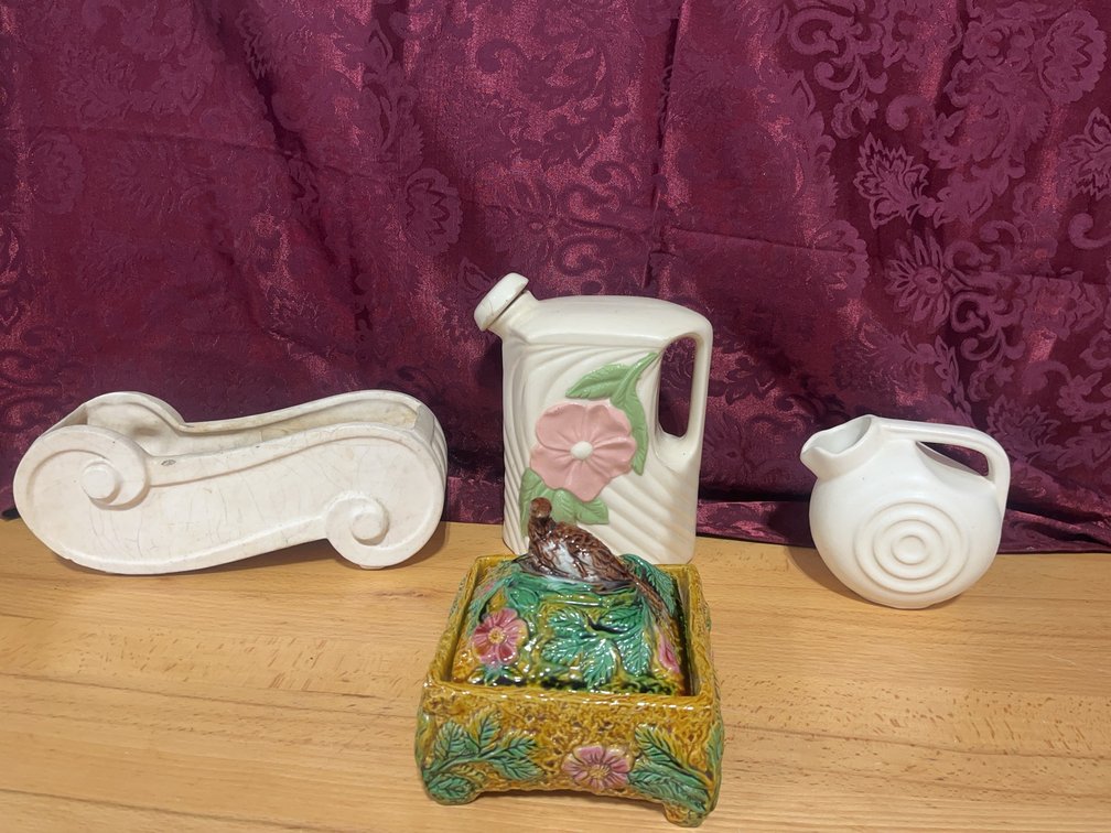 Ceramic Art Deco Pitchers, Flower Planter, Majolica Lidded Dish Lot