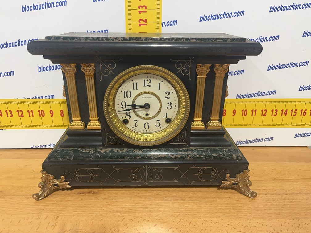 Seth Thomas Adamantine Mantel Clock With Brass Columns and Feet, 16 in. Wide