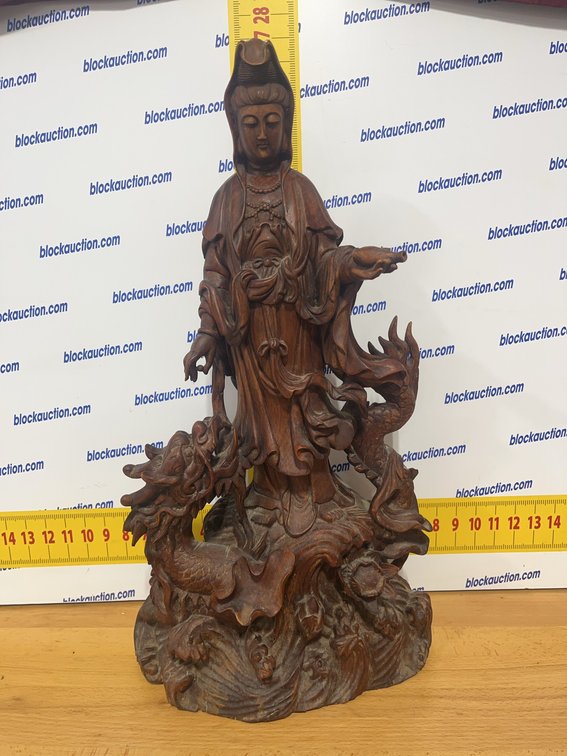 Wooden Carved Statue of Guanyin with Dragon, 26 Inches Tall
