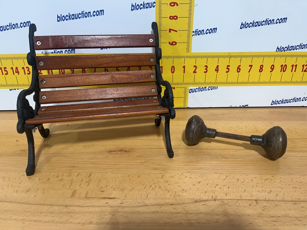 Miniature Cast Iron and Wood Bench With Vintage Brass Doorknob Set