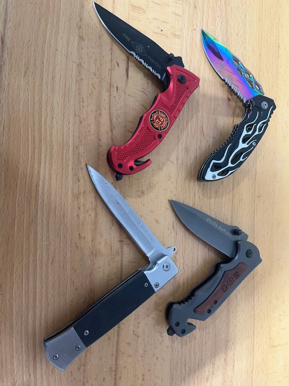 4 Folding Knives: SOG Flash Tanto, Fire Fighter, Elk Ridge, and SOG Specialty