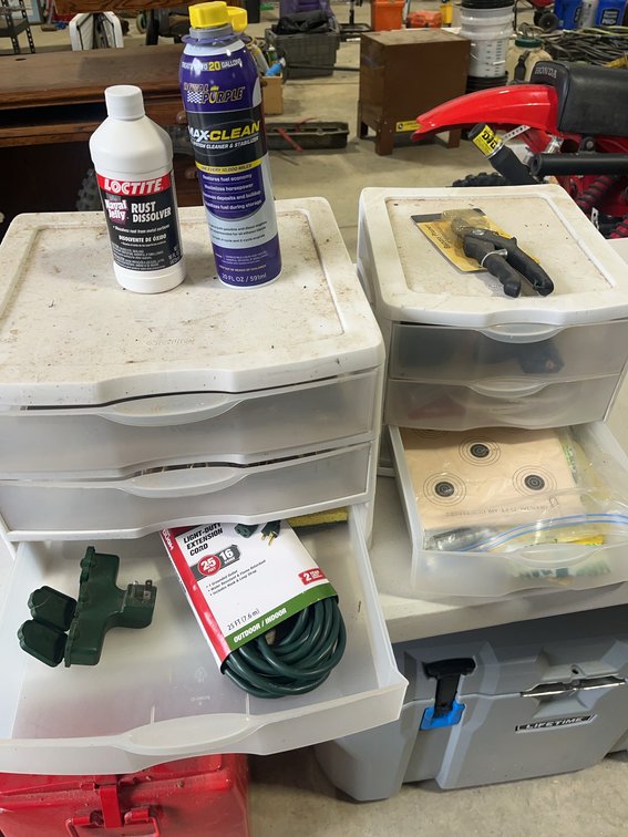 Drawer Storage With Tools, Loctite Rust Dissolver, Extension Cord, Kobalt Air Accessory