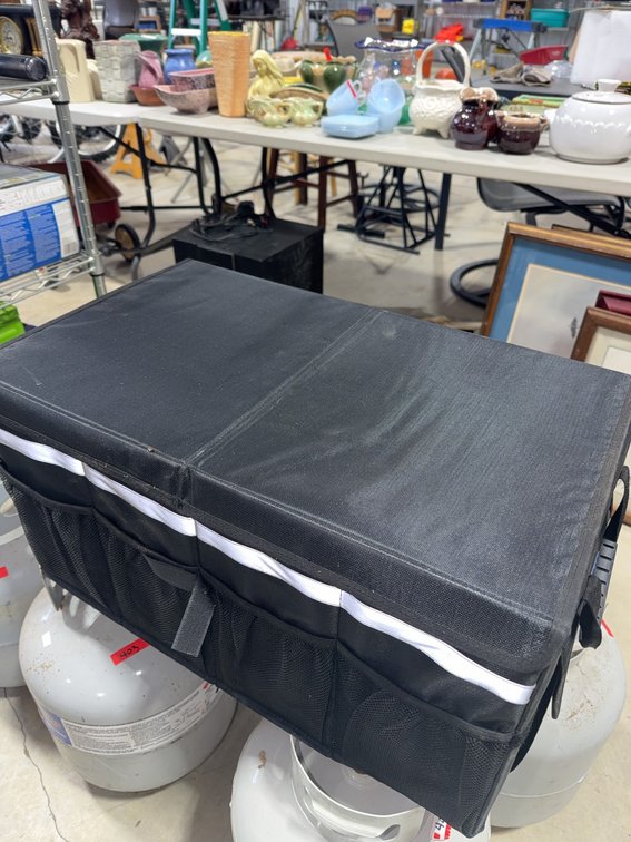 Collapsible Black Fabric Storage Trunk With Divider and Exterior Pockets
