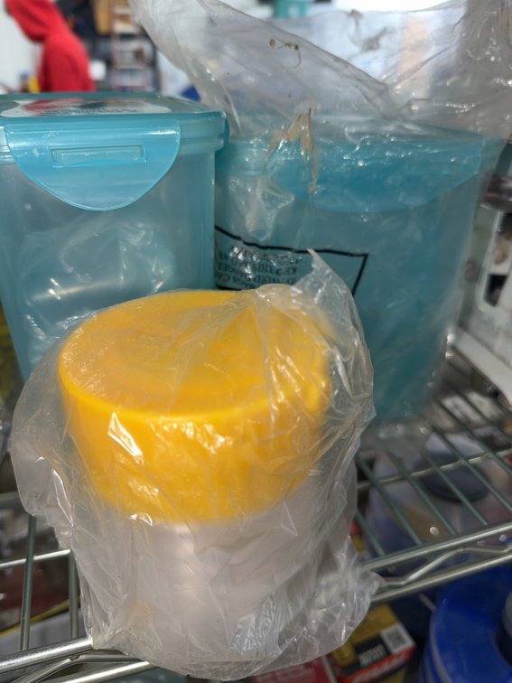 3 Plastic Food Storage Containers With Blue and Yellow Lids