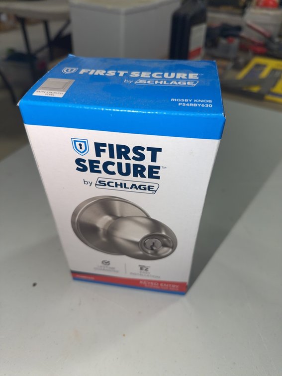 New Schlage First Secure Entry Door Knob, Satin Nickel Finish, Keyed Lockset