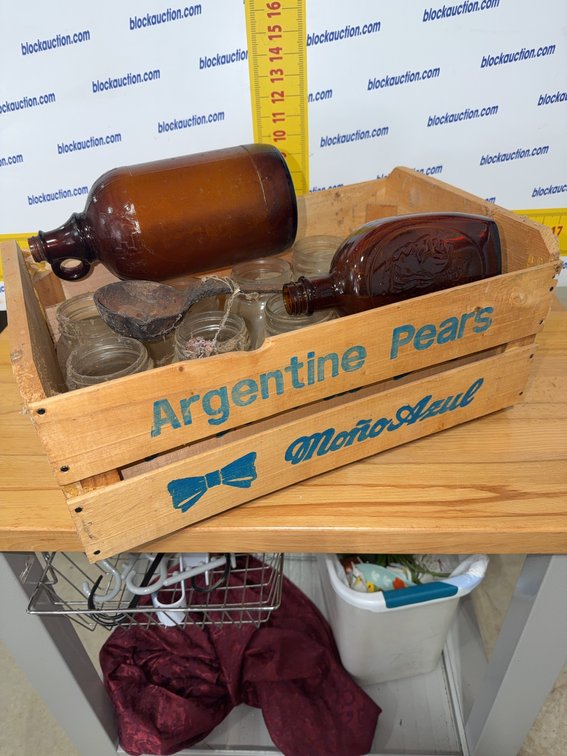 Wood Crate With PUREX Amber Jug, Embossed Bottle, 8 Jars, Ladle