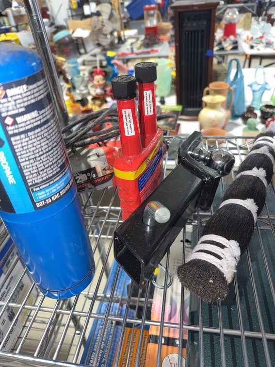Lot: Propane Cylinder, STP Gas Treatment, Power Sander, Hitch, Brush