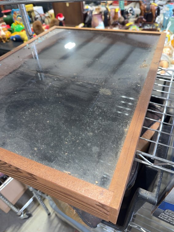 Wood-Framed Display Case with Glass Top and Hinged Lid, 2 Ft x 1.5 Ft Approximate Size
