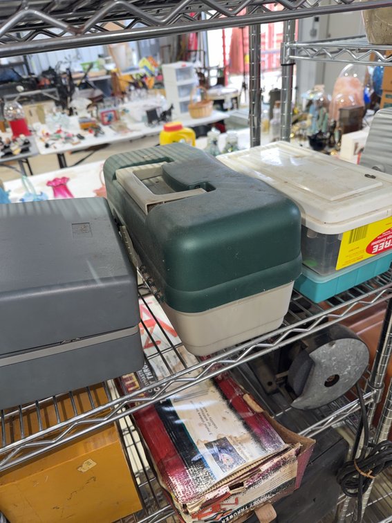 Lot: Fishing Tackle Boxes, Parts Drawer, Penn Reel, Pfaff M-500 and Tool Cases