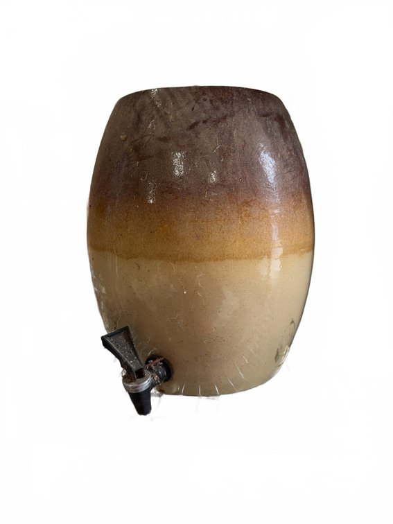 Stoneware Beverage Dispenser with Spigot, Two-Tone Glaze, Approx. 12 in. Tall