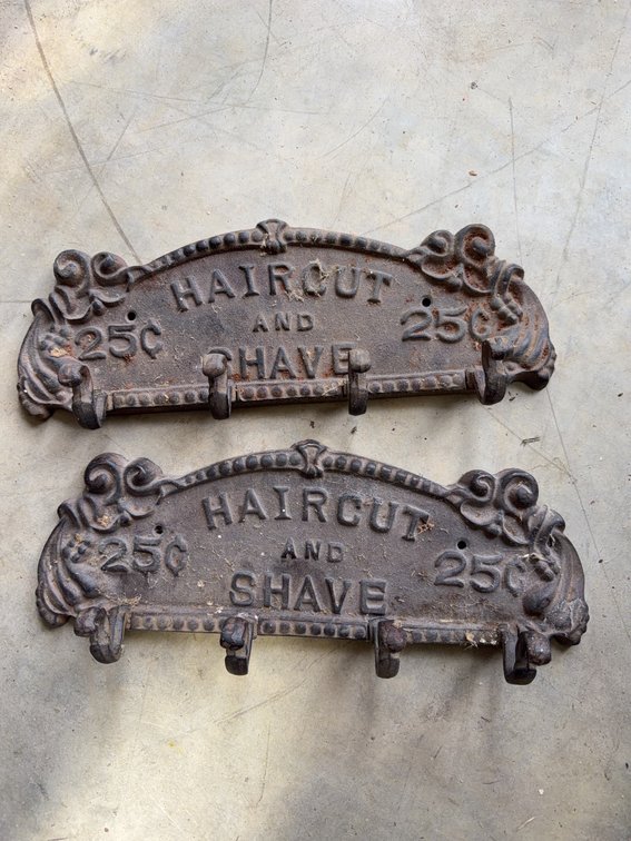 Cast Iron 'Haircut and Shave 25¢' Wall-Mount Hooks 11 in. Wide
