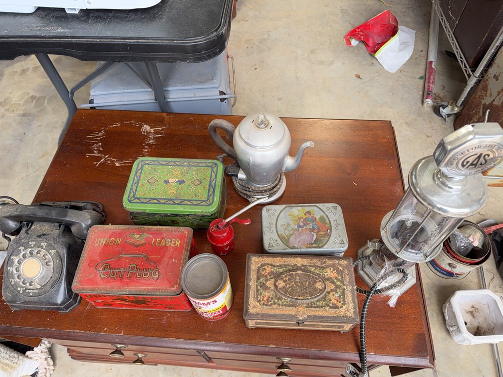 Vintage Tins, Rotary Phone, Percolator, Novelty Gas Pump and More