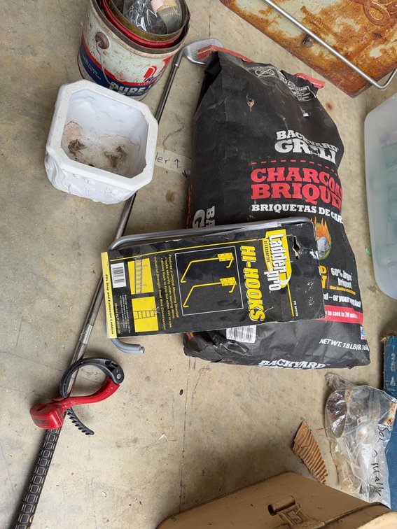 Backyard Grill Charcoal, Ladder Hooks, Paint cans,Clamp, and Misc Garage Lot