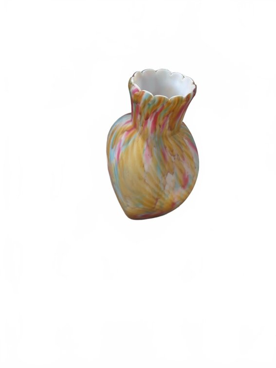 Multicolor Swirl Art Glass Vase With Ruffled Rim, Hand-Blown, 6 Inches Tall