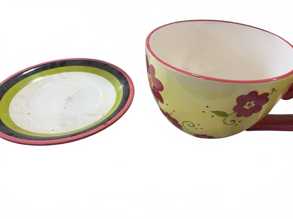 Oversized Ceramic Teacup Planter with Drain Hole and Matching Saucer