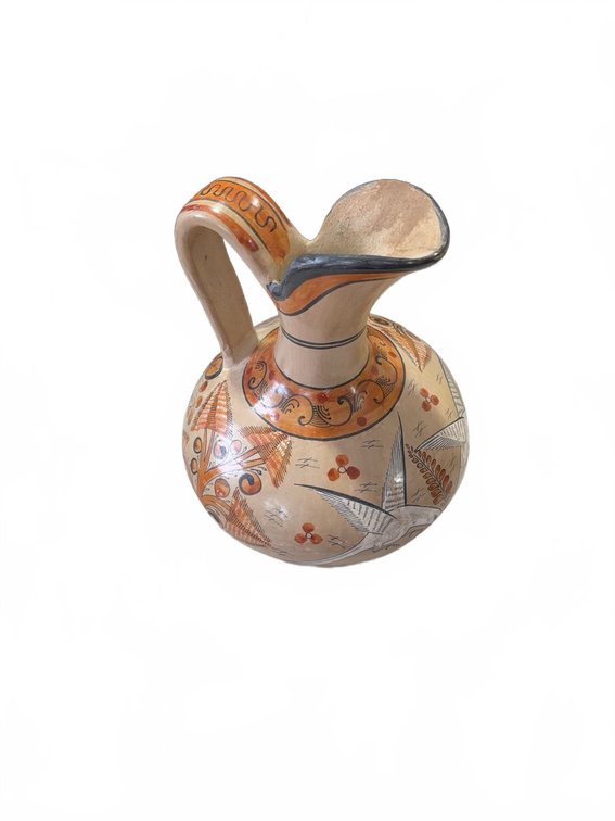 Hand-Painted Ceramic Ewer with Floral and Geometric Decoration, 10-Inch Height