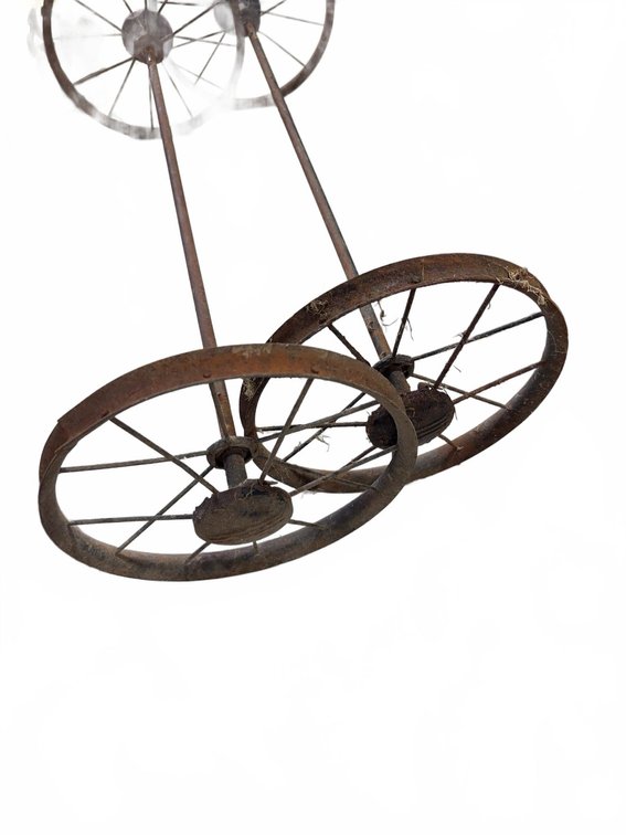 Antique Metal Spoked Cart Wheels with Axles, Rusted Finish