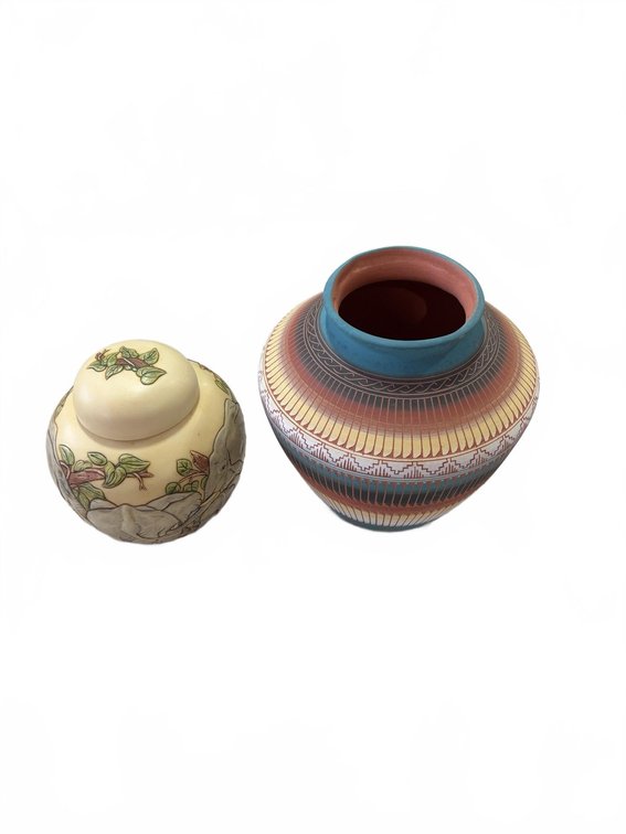 Two Decorative Vessels: Lidded Elephant Motif Jar and Southwestern-Style Pottery Vase