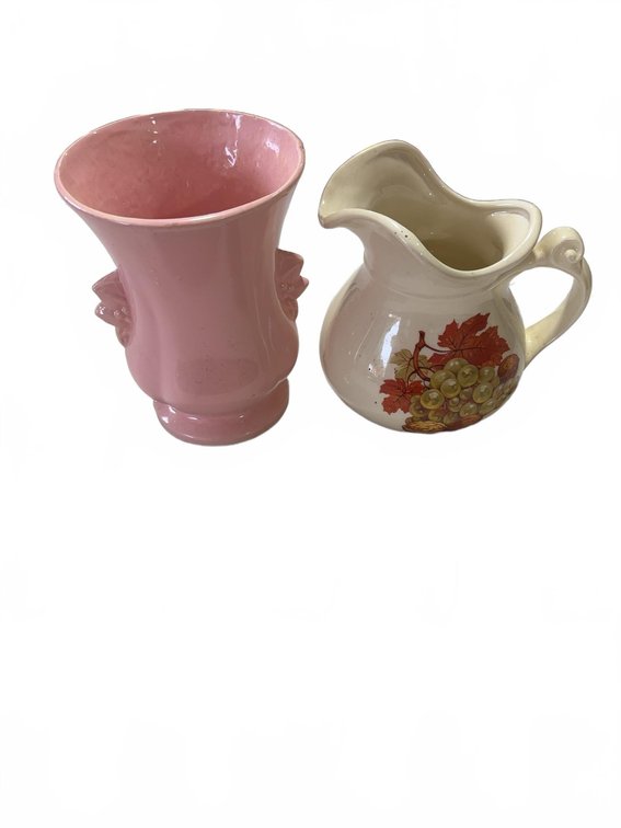 Pink Ceramic Vase and Cream Pitcher with Grape Motif, Set of 2