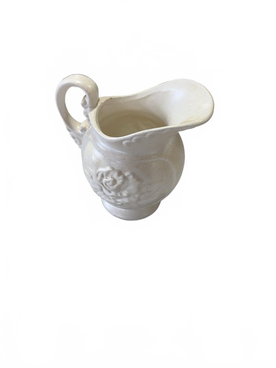 White Ceramic Floral Relief Pitcher With Curved Handle, 6 Inch Height
