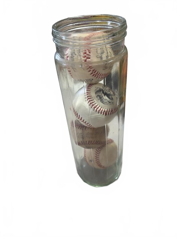 Glass Jar with Multiple Signed Baseballs Displayed Vertically