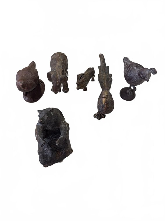 6 Cast Iron and Metal Animal Figurines Including Bear, Birds, Cow, Pig