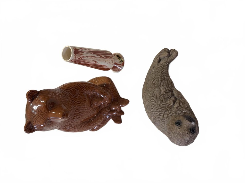 3: Ceramic Bear, Resin Seal Figurine, Small Swirl Patterned Vase