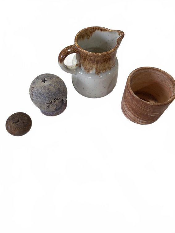 Pottery: Glazed Jug, Terracotta Cup, Lidded Boxes, and Decorative Ball