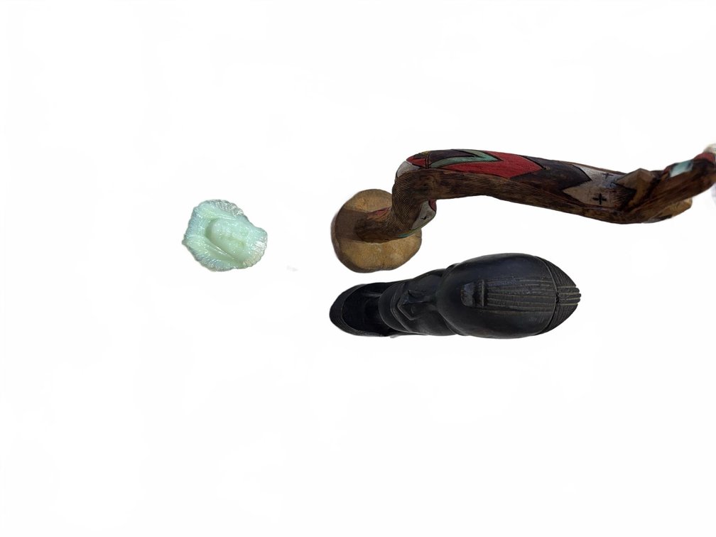 3: Carved Wood Snake Cane, African Wood Bust, Green Glass Face Accent