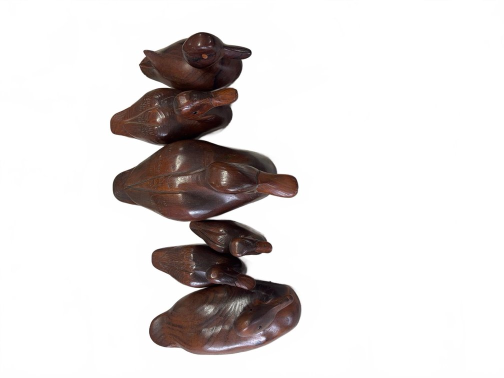 5 Carved Wood Duck Figurines with Engraved Detailing