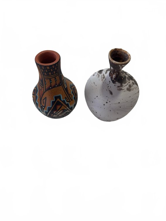 Small Pottery Vases, One Hand-Painted Southwestern, One White Glazed