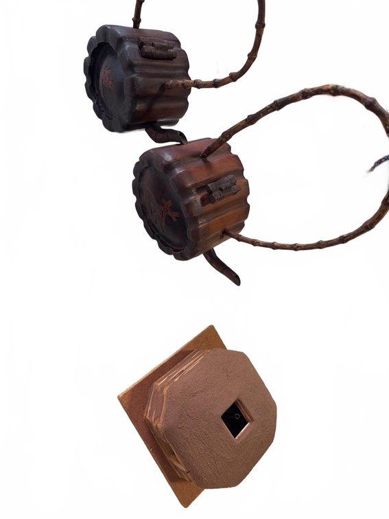 Wooden Carved Teapot Pair and Miniature Log Cabin Model with Interior