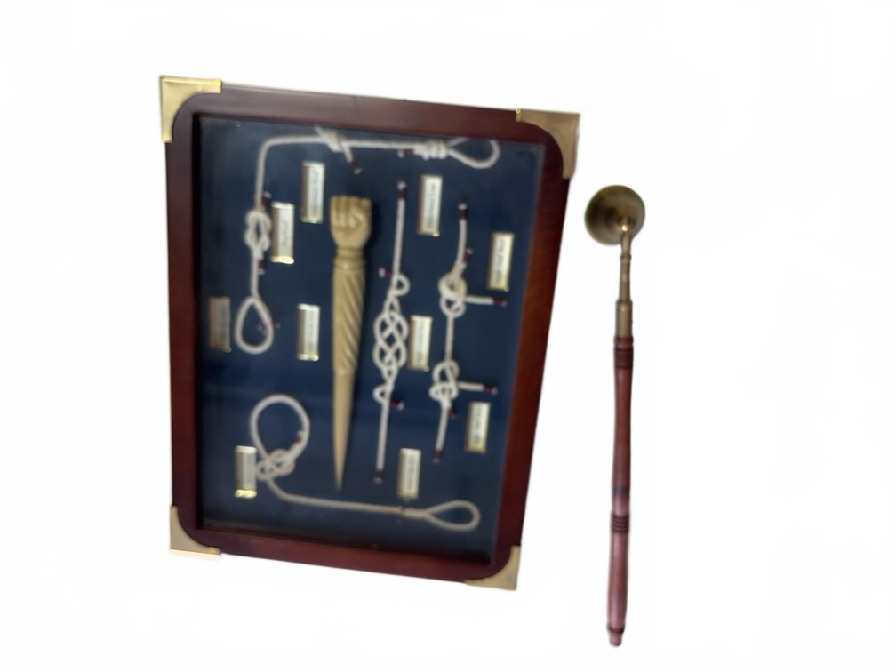 Framed Nautical Knot Display With Marlinspike and Brass Candle Snuffer