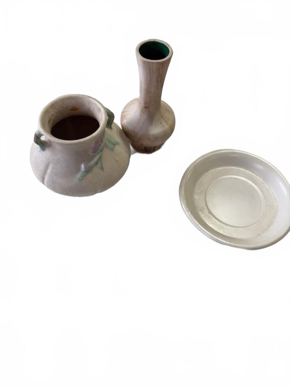 3 Ceramic Pieces: Floral Pot, Small Vase, and Plate