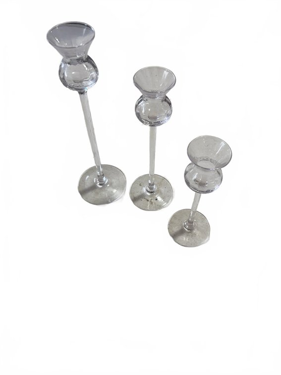 3 Clear Glass Taper Candle Holders, Varying Heights