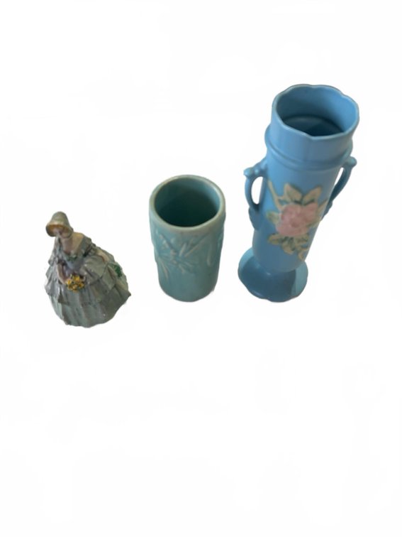 3 Decorative Items: 2 Blue Ceramic Vases and Porcelain Lady Figurine