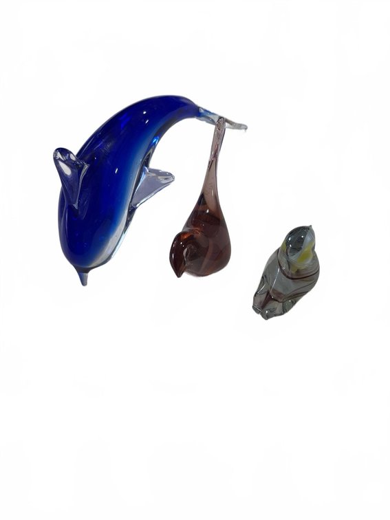 3 Hand-Blown Glass Animal Figurines Dolphin and Birds