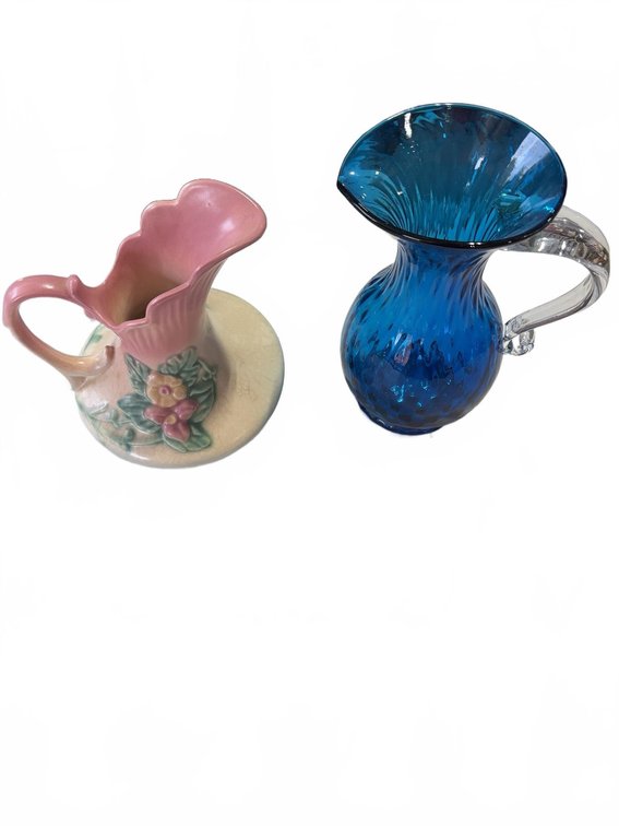 2 Decorative Pitchers: Blue Art Glass and Pink Floral Ceramic, 8-10 Inches Tall