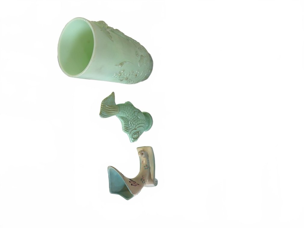 3 Satin Fenton Glass Pieces: Embossed Vase, Fish Figurine, Painted Cornucopia