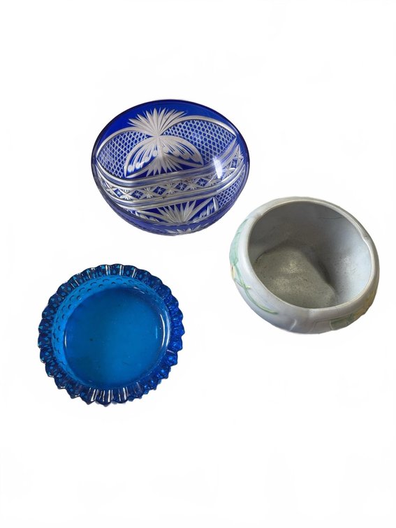 Cut Glass Bowl, Blue Pressed Glass Dish, and Hand Painted Ceramic Pot, Set of 3