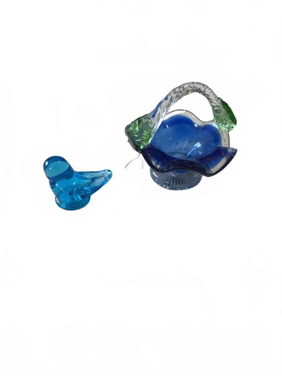 Hand-Blown Blue Glass Basket with Green Accents and Blue Glass Bird Figurine