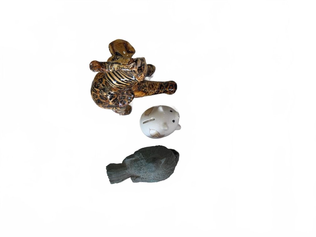 3 Animal Figurines: Goebel Tiger, Piggy Bank, Cast Bird