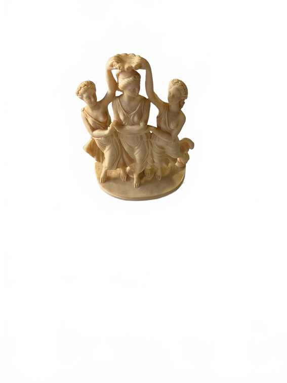 Resin Three-Grace Figurine and Green Frosted Glass Leaf Dish, 2 Pc