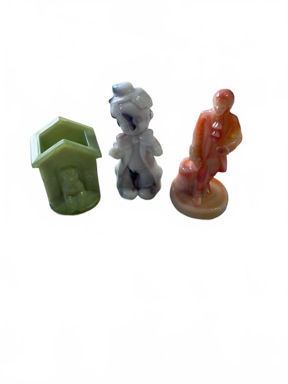 3 Slag Glass Miniature Figurines Including Courtright Baby and Dog House