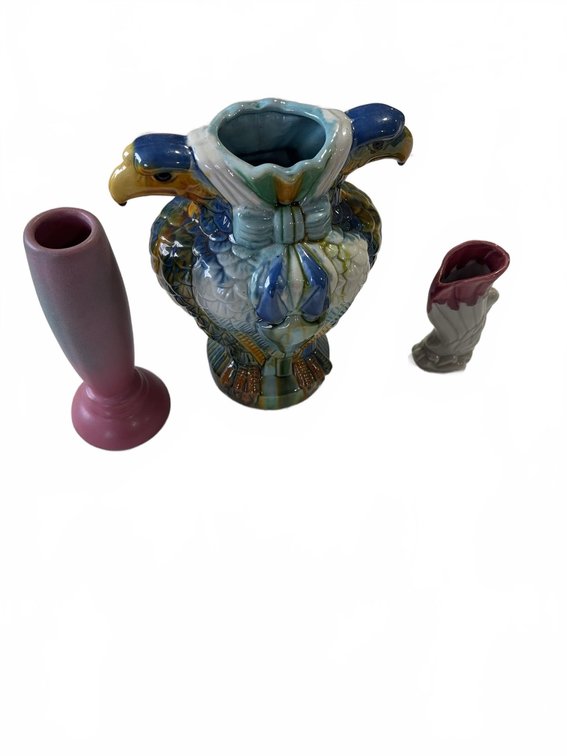 Majolica Eagle Vase, 1940 Pink Arkansas Vase, USA Mark Bud Vase Group of 3