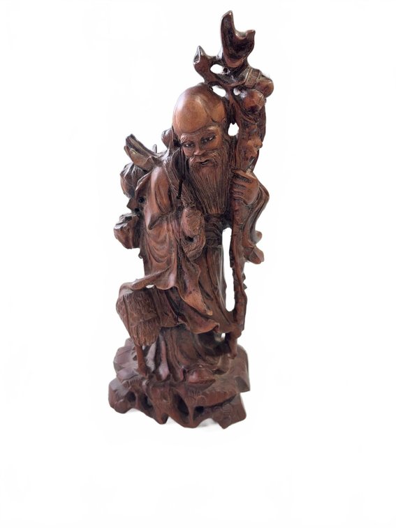 Hand-Carved Wooden Wise Man Statue With Staff, Detailed Robe, Approx. 12 Inches Tall